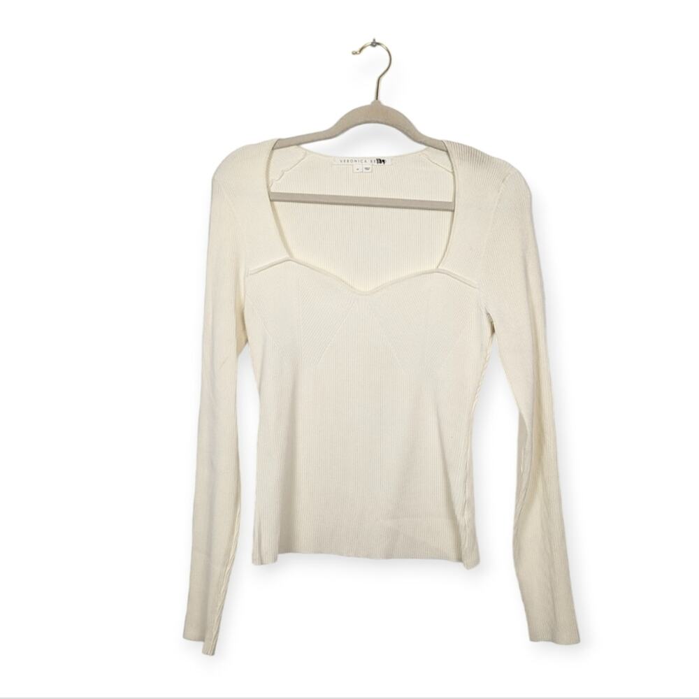 Veronica Beard Ivory Gladys Sweetheart Fitted Ribbed Sweater Top